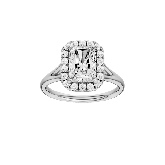 A front view of the Radiant cut diamond engagement ring in 14k white gold with a plain band and halo setting