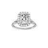 A front view of the Radiant cut diamond engagement ring in 14k white gold with a plain band and halo setting