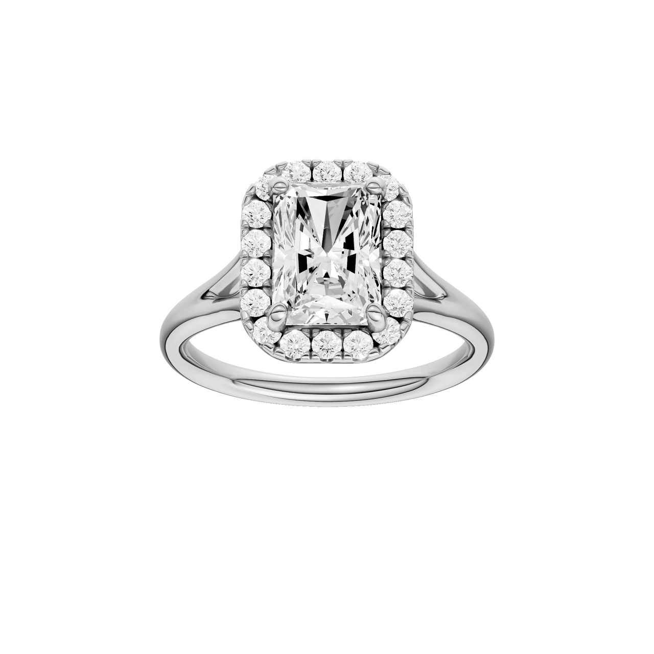 A front view of the Radiant cut diamond engagement ring in platinum with a plain band and halo setting