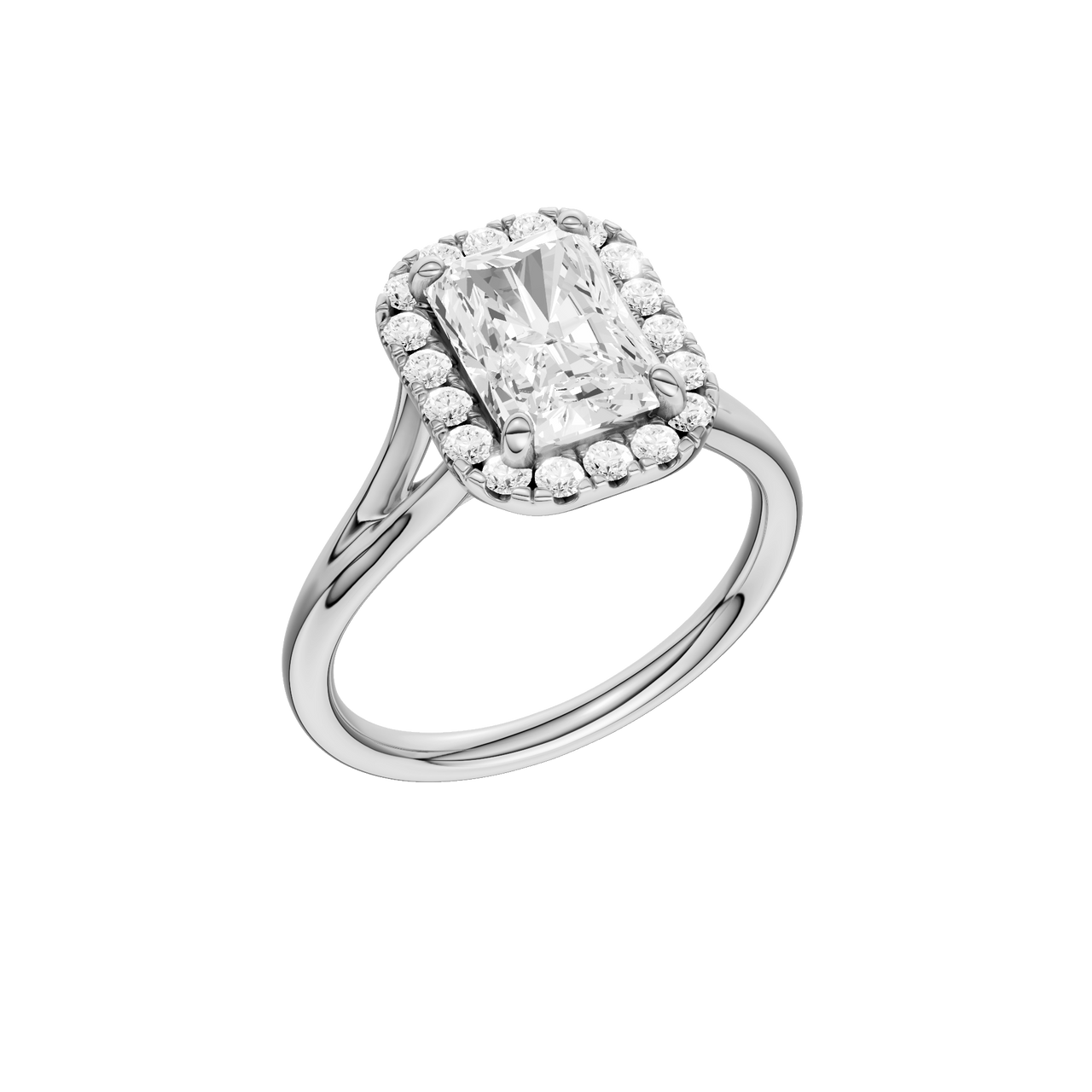 A three-quarter view of the Radiant cut diamond engagement ring in 14k white gold with a plain band and halo setting