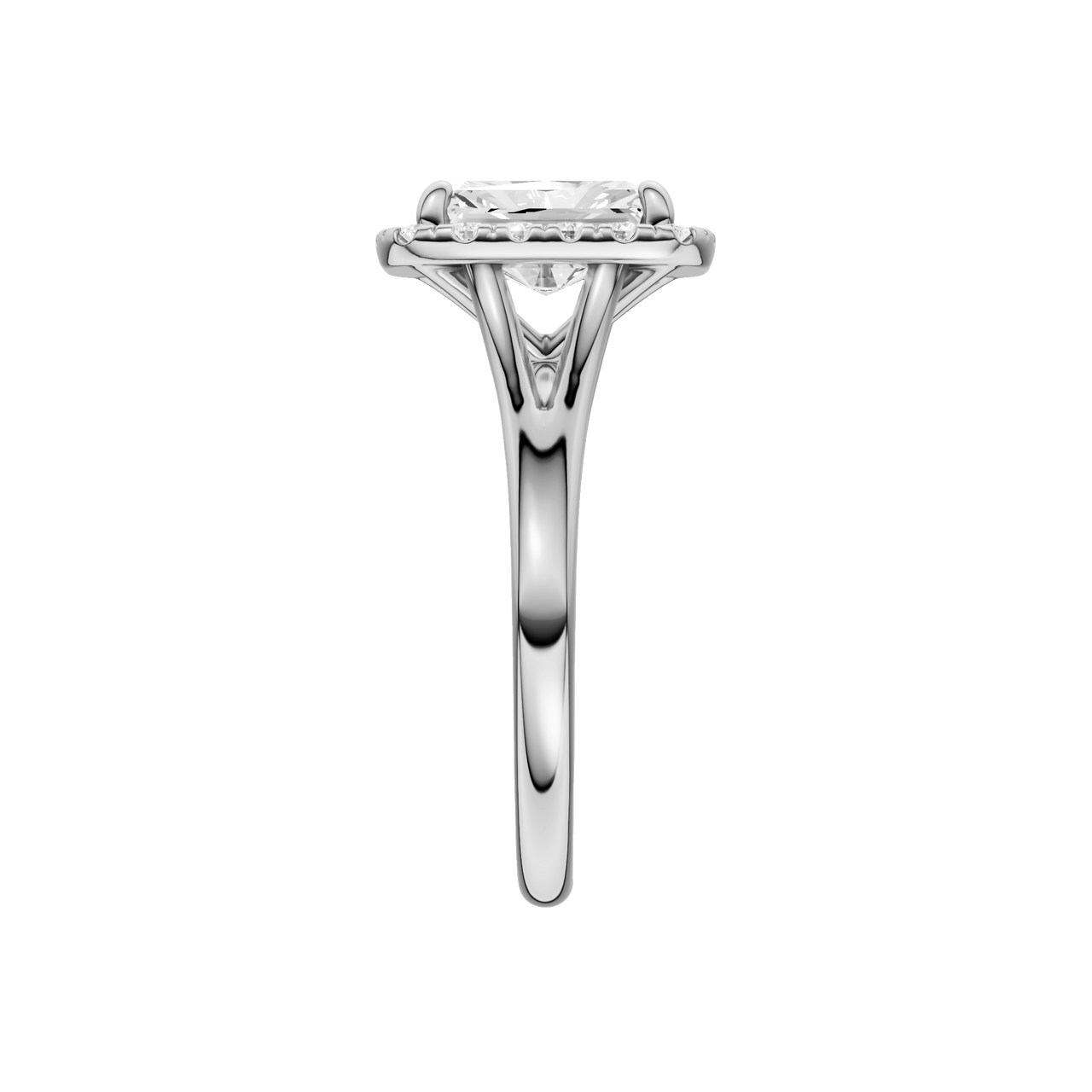 A side view of the Radiant cut diamond engagement ring in platinum with a plain band and halo setting