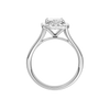 A profile view of the Radiant cut diamond engagement ring in 14k white gold with a plain band and halo setting