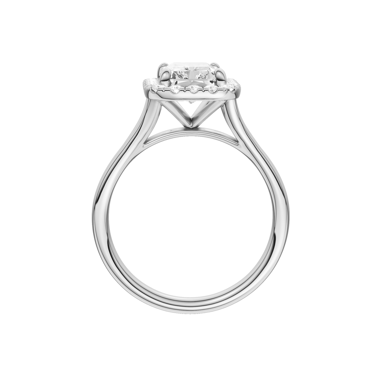 A profile view of the Radiant cut diamond engagement ring in platinum with a plain band and halo setting