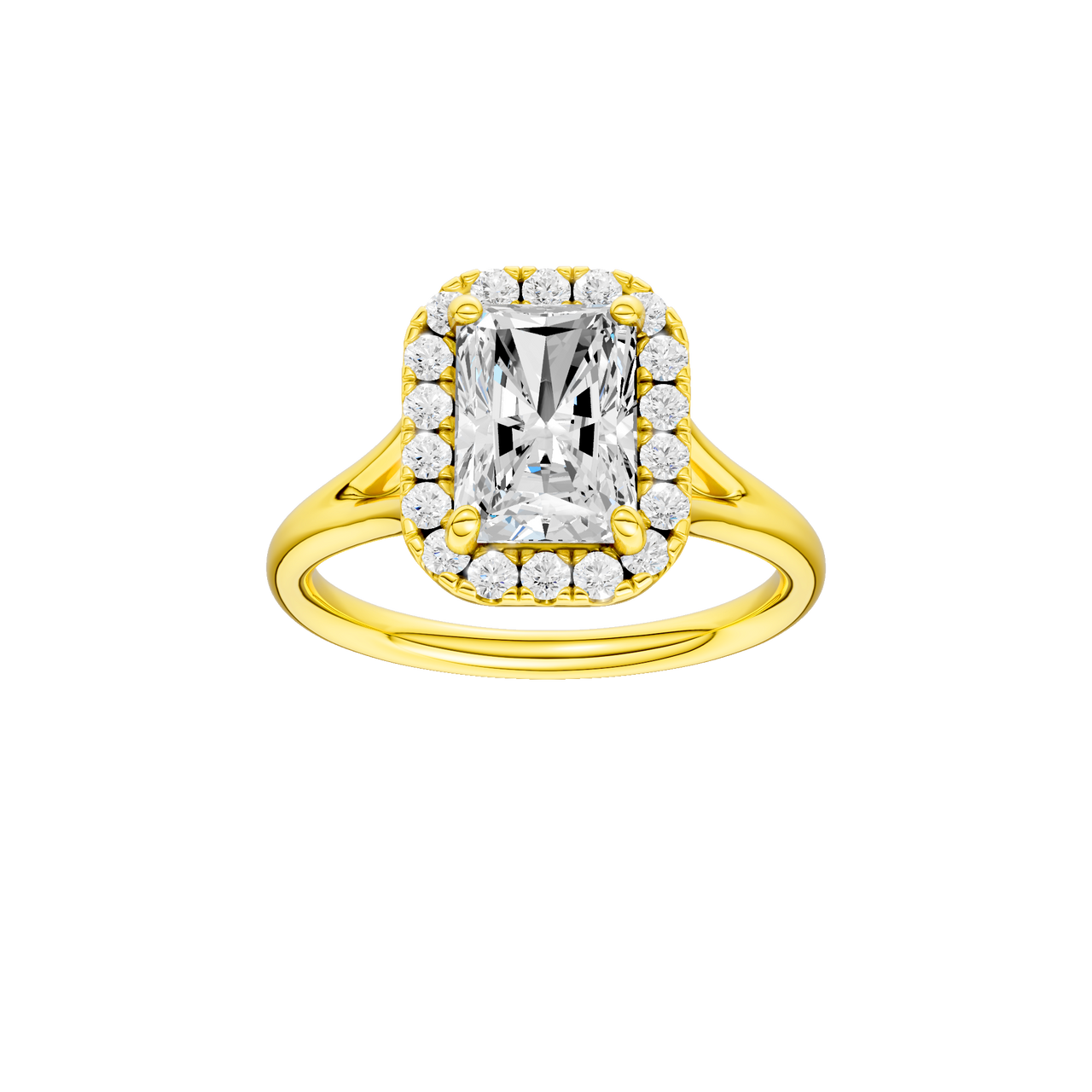A front view of the Radiant cut diamond engagement ring in 14k yellow gold with a plain band and halo setting