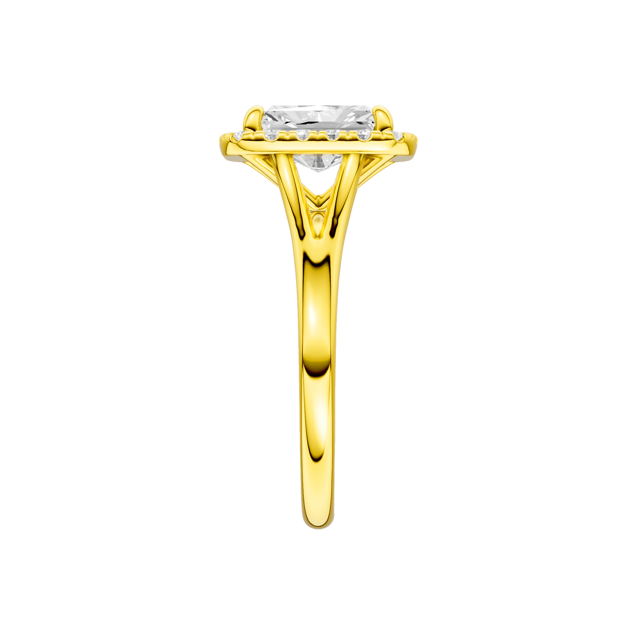 A side view of the Radiant cut diamond engagement ring in 14k yellow gold with a plain band and halo setting