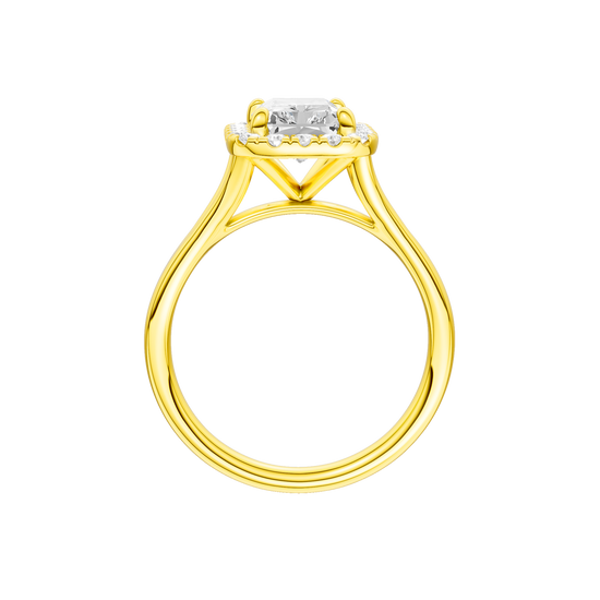 A profile view of the Radiant cut diamond engagement ring in 14k yellow gold with a plain band and halo setting