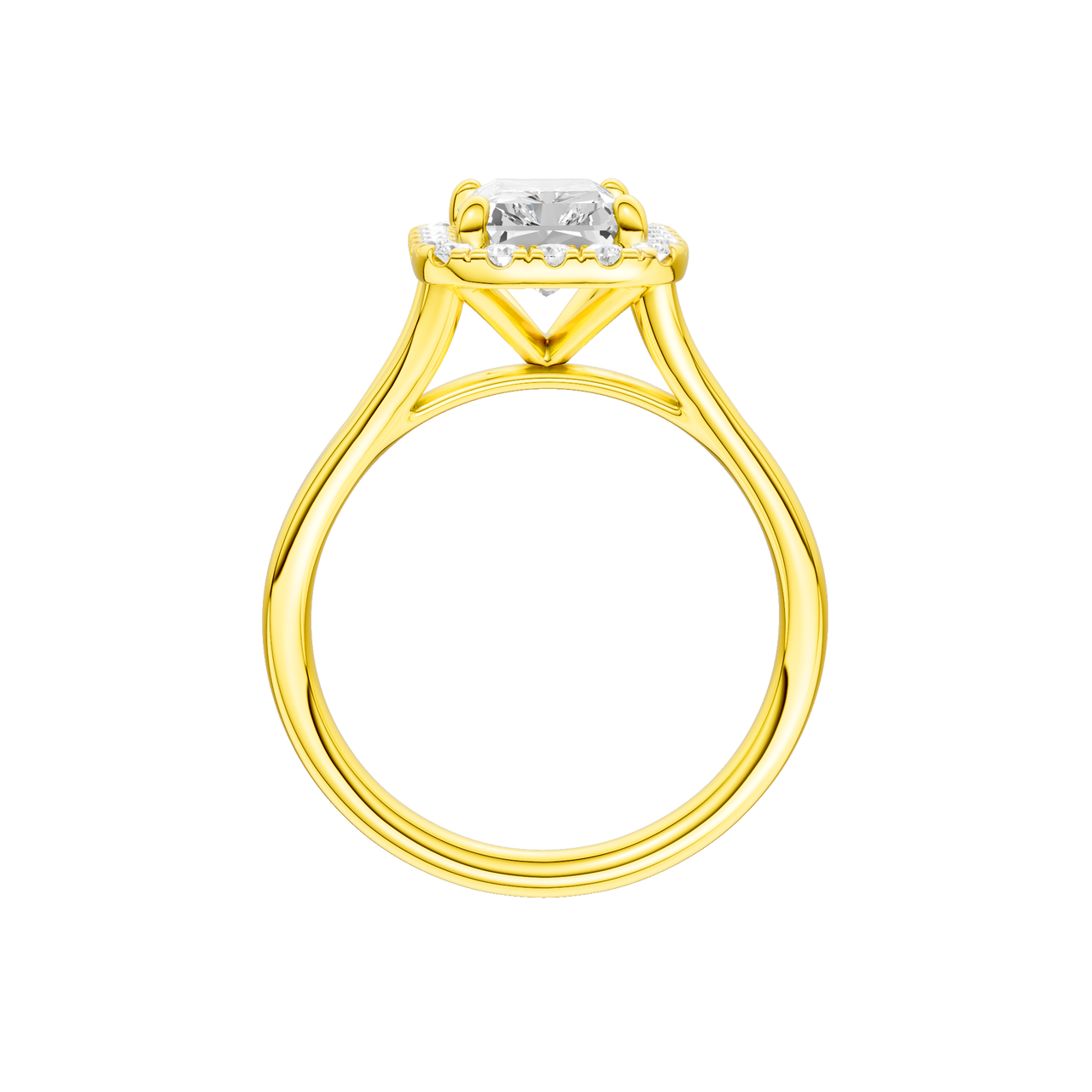 A profile view of the Radiant cut diamond engagement ring in 14k yellow gold with a plain band and halo setting