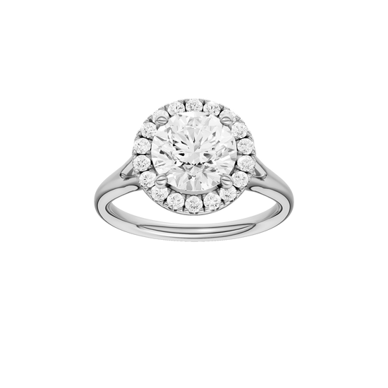 A front view of the Round cut diamond engagement ring in platinum with a plain band and halo setting