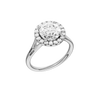 A three-quarter view of the Round cut diamond engagement ring in platinum with a plain band and halo setting