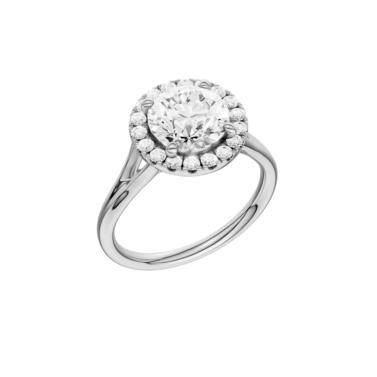 A three-quarter view of the Round cut diamond engagement ring in platinum with a plain band and halo setting