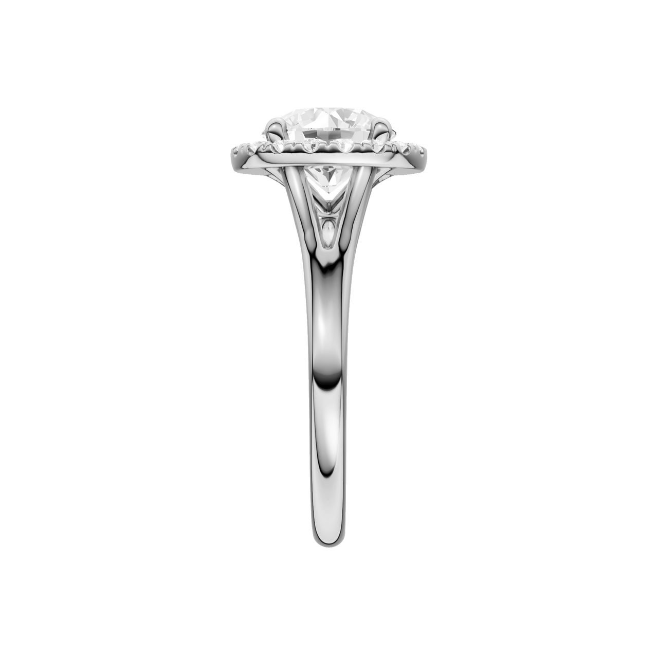 A side view of the Round cut diamond engagement ring in platinum with a plain band and halo setting