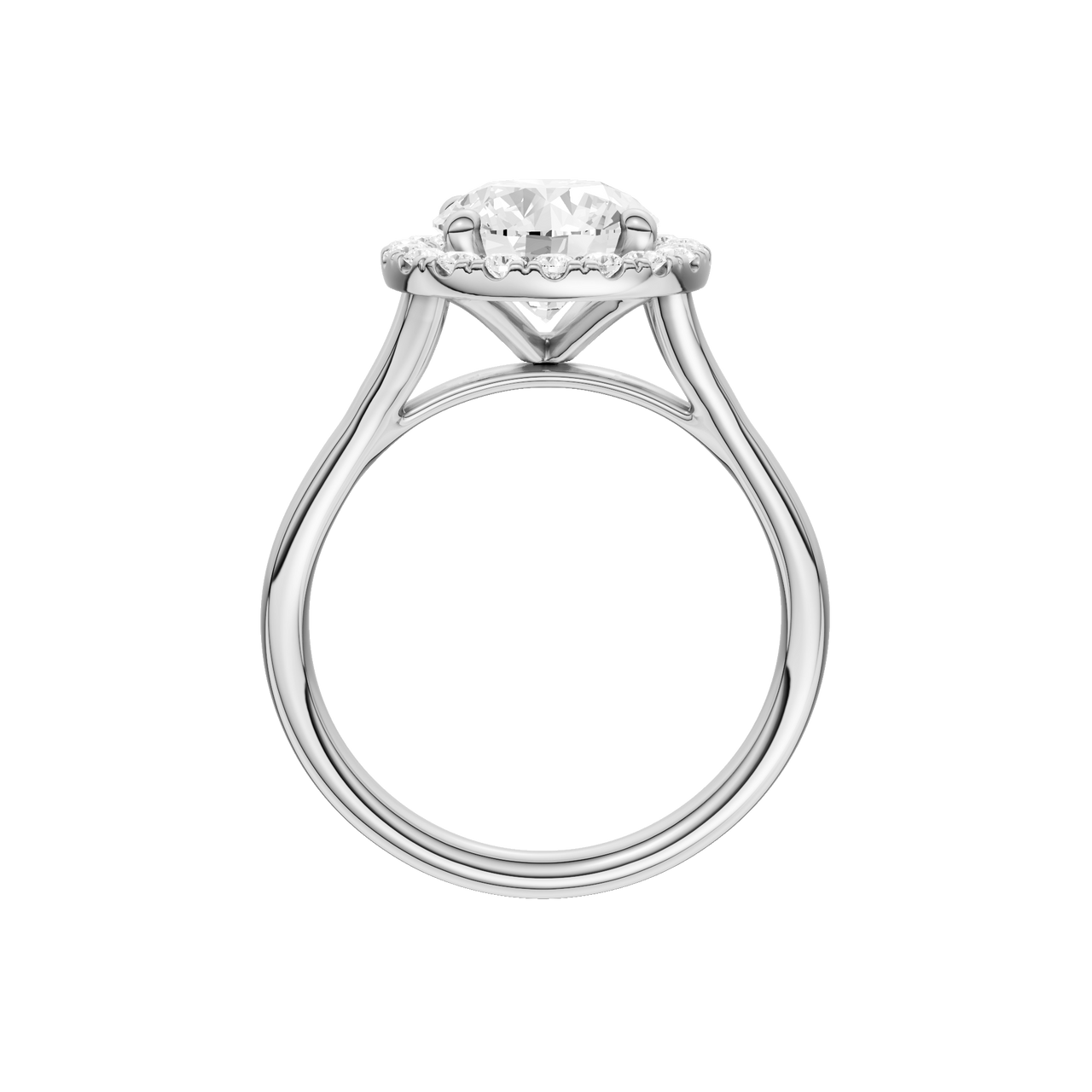 A profile view of the Round cut diamond engagement ring in platinum with a plain band and halo setting