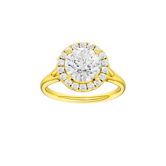 A front view of the Round cut diamond engagement ring in 14k yellow gold with a plain band and halo setting