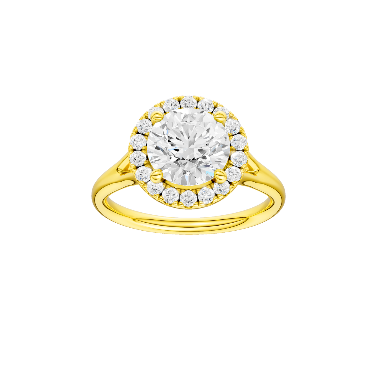 A front view of the Round cut diamond engagement ring in 14k yellow gold with a plain band and halo setting