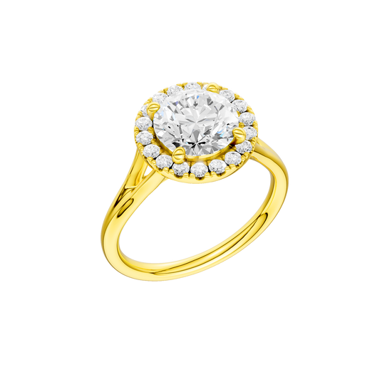 A three-quarter view of the Round cut diamond engagement ring in 14k yellow gold with a plain band and halo setting