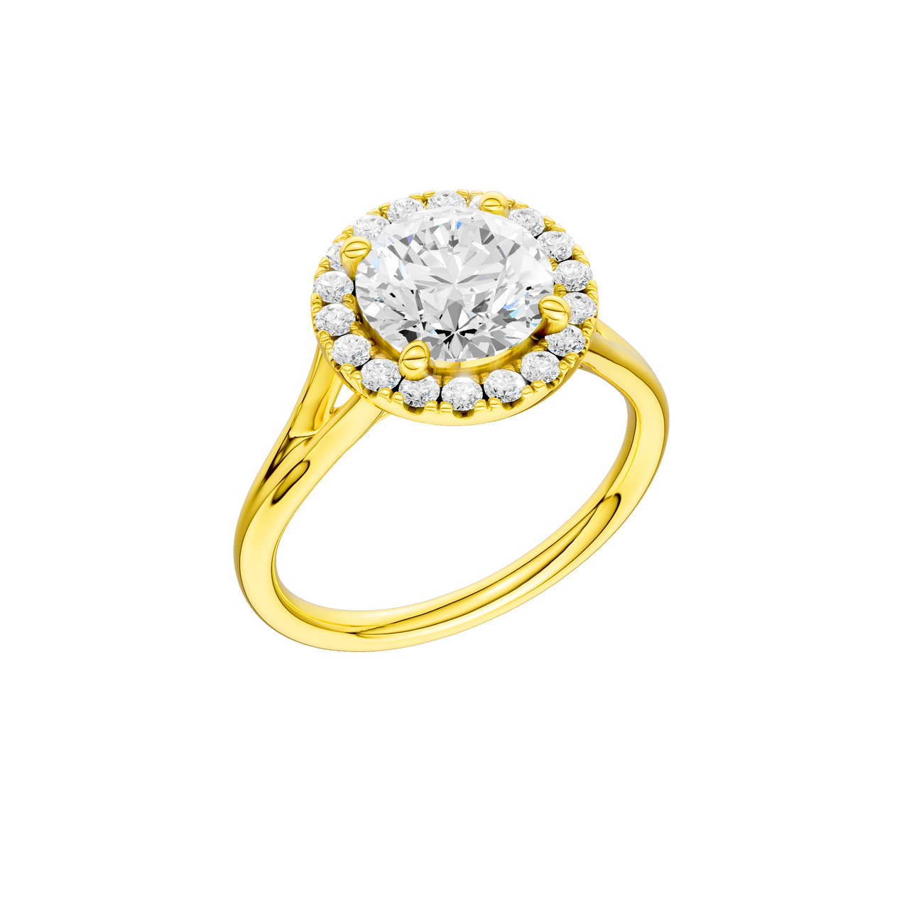 A three-quarter view of the Round cut diamond engagement ring in 14k yellow gold with a plain band and halo setting