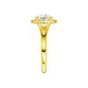 A side view of the Round cut diamond engagement ring in 14k yellow gold with a plain band and halo setting