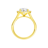 A profile view of the Round cut diamond engagement ring in 14k yellow gold with a plain band and halo setting