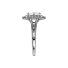 A side view of the Elongated Cushion cut diamond engagement ring in platinum with a plain band and double halo setting