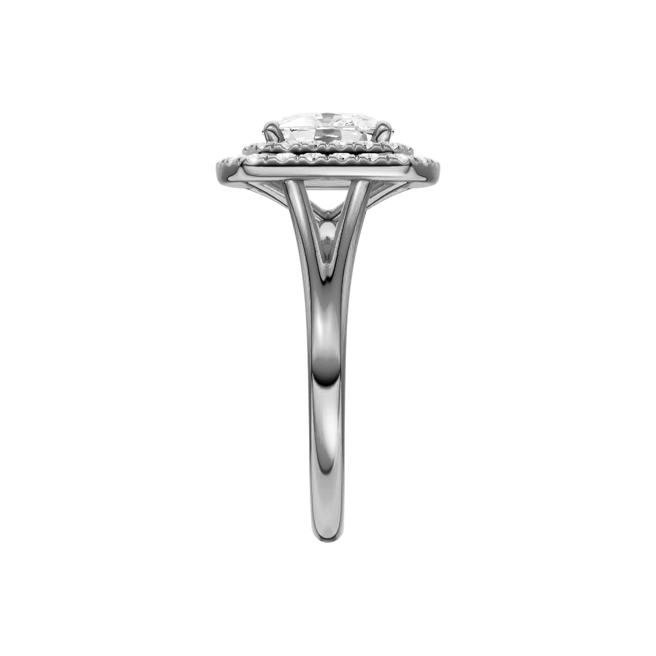 A side view of the Elongated Cushion cut diamond engagement ring in 14k white gold with a plain band and double halo setting