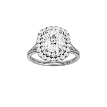 A front view of the Elongated Cushion cut diamond engagement ring in 14k white gold with a plain band and double halo setting