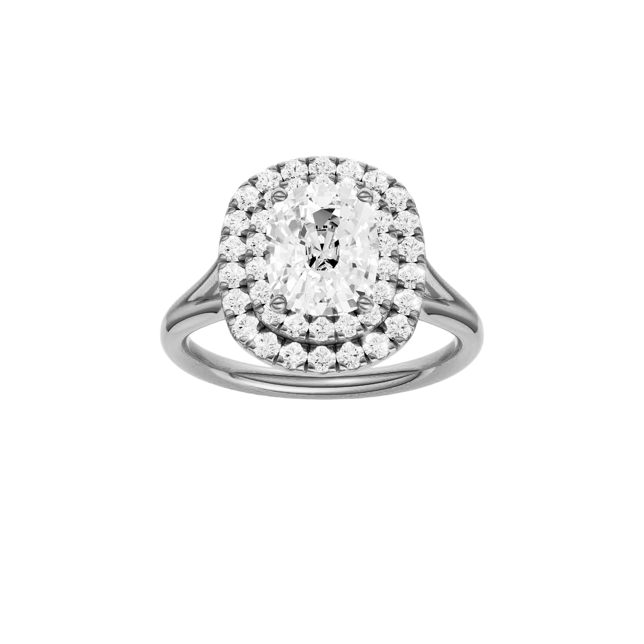 A front view of the Elongated Cushion cut diamond engagement ring in platinum with a plain band and double halo setting