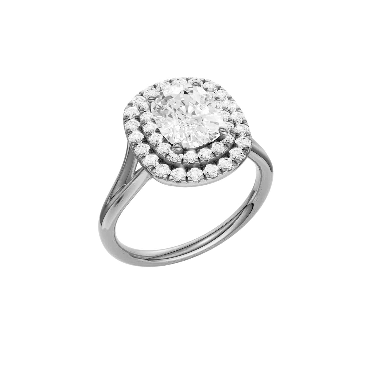 A three-quarter view of the Elongated Cushion cut diamond engagement ring in 14k white gold with a plain band and double halo setting
