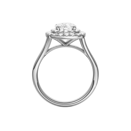 A profile view of the Elongated Cushion cut diamond engagement ring in 14k white gold with a plain band and double halo setting