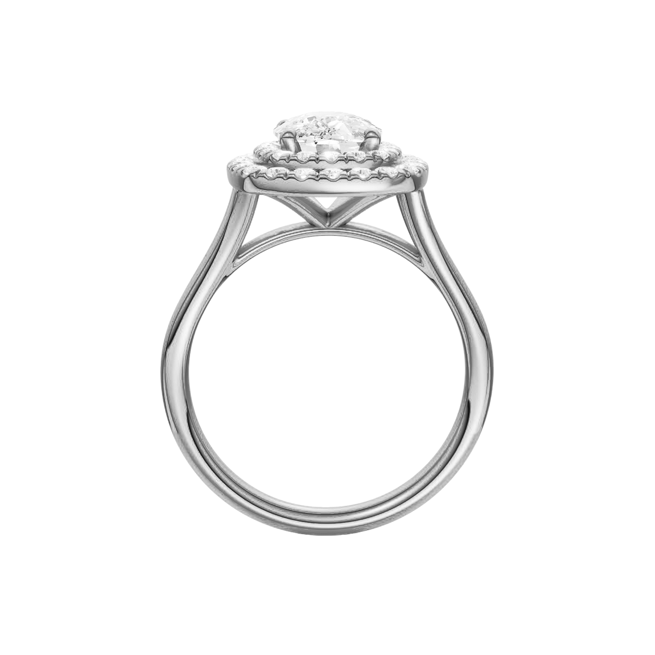 A profile view of the Elongated Cushion cut diamond engagement ring in 14k white gold with a plain band and double halo setting