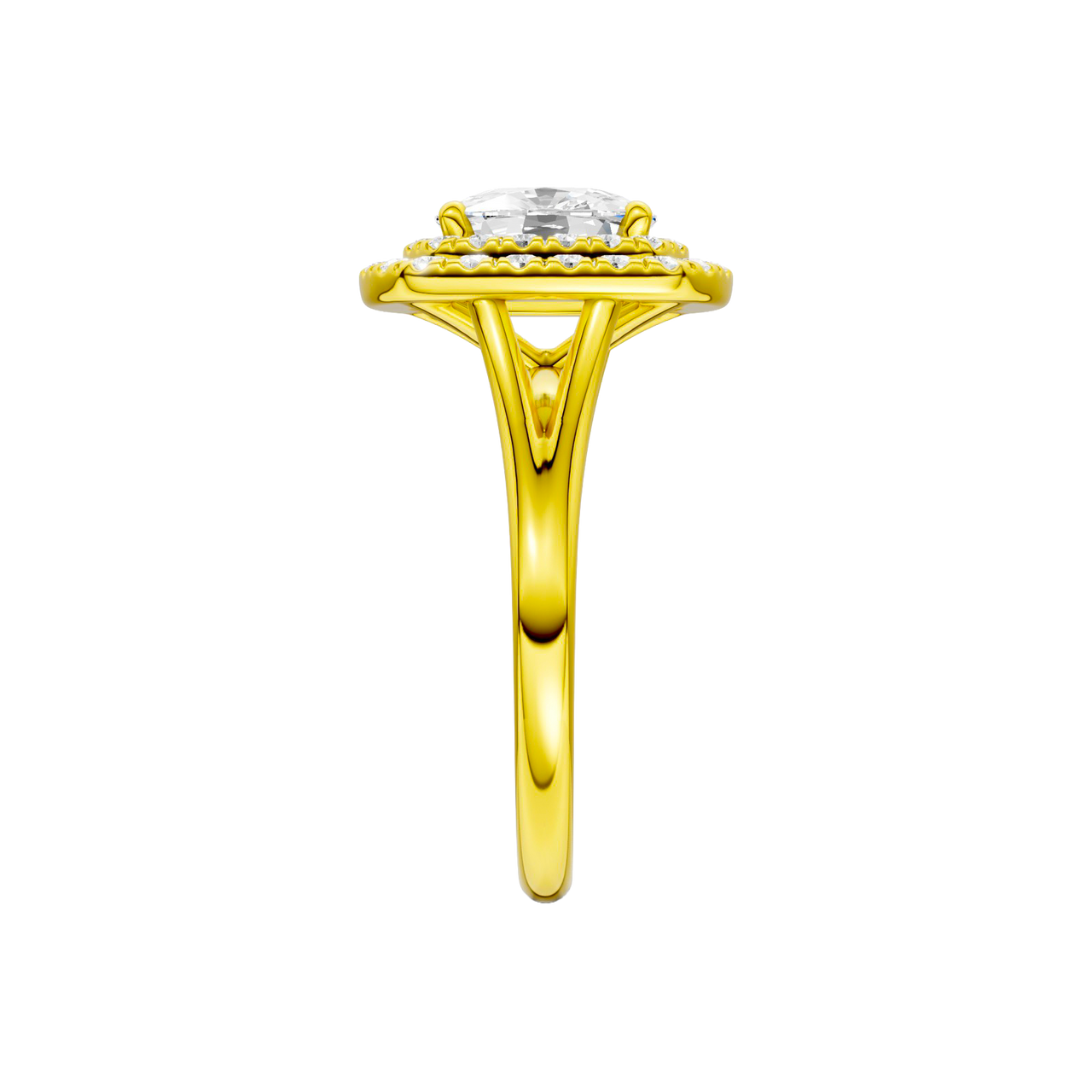 A side view of the Elongated Cushion cut diamond engagement ring in 14k yellow gold with a plain band and double halo setting