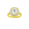 A front view of the Elongated Cushion cut diamond engagement ring in 14k yellow gold with a plain band and double halo setting