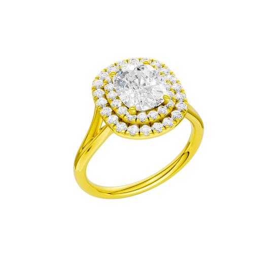 A three-quarter view of the Elongated Cushion cut diamond engagement ring in 14k yellow gold with a plain band and double halo setting