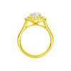 A profile view of the Elongated Cushion cut diamond engagement ring in 14k yellow gold with a plain band and double halo setting