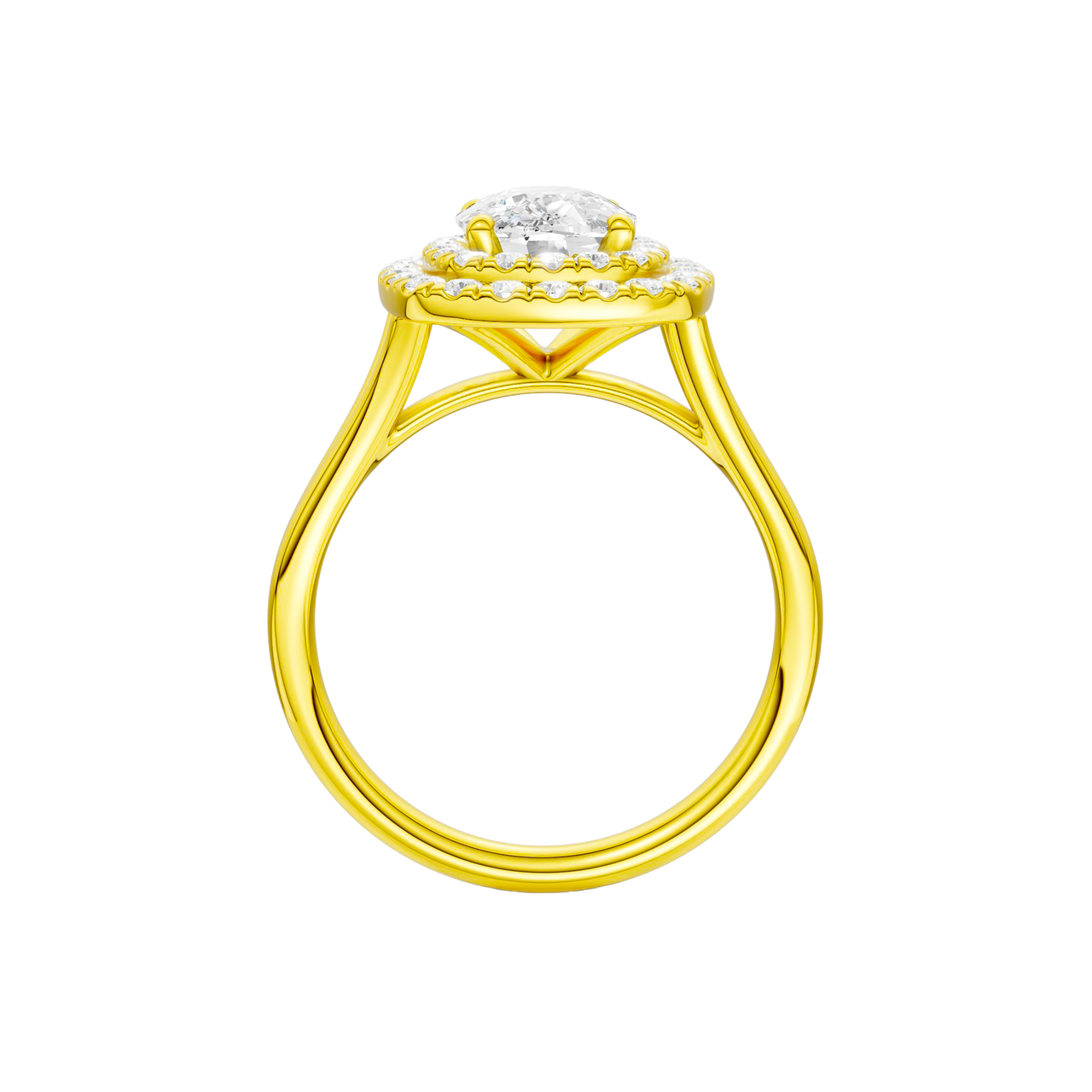 A profile view of the Elongated Cushion cut diamond engagement ring in 14k yellow gold with a plain band and double halo setting