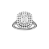 A front view of the Emerald cut diamond engagement ring in 14k white gold with a plain band and double halo setting