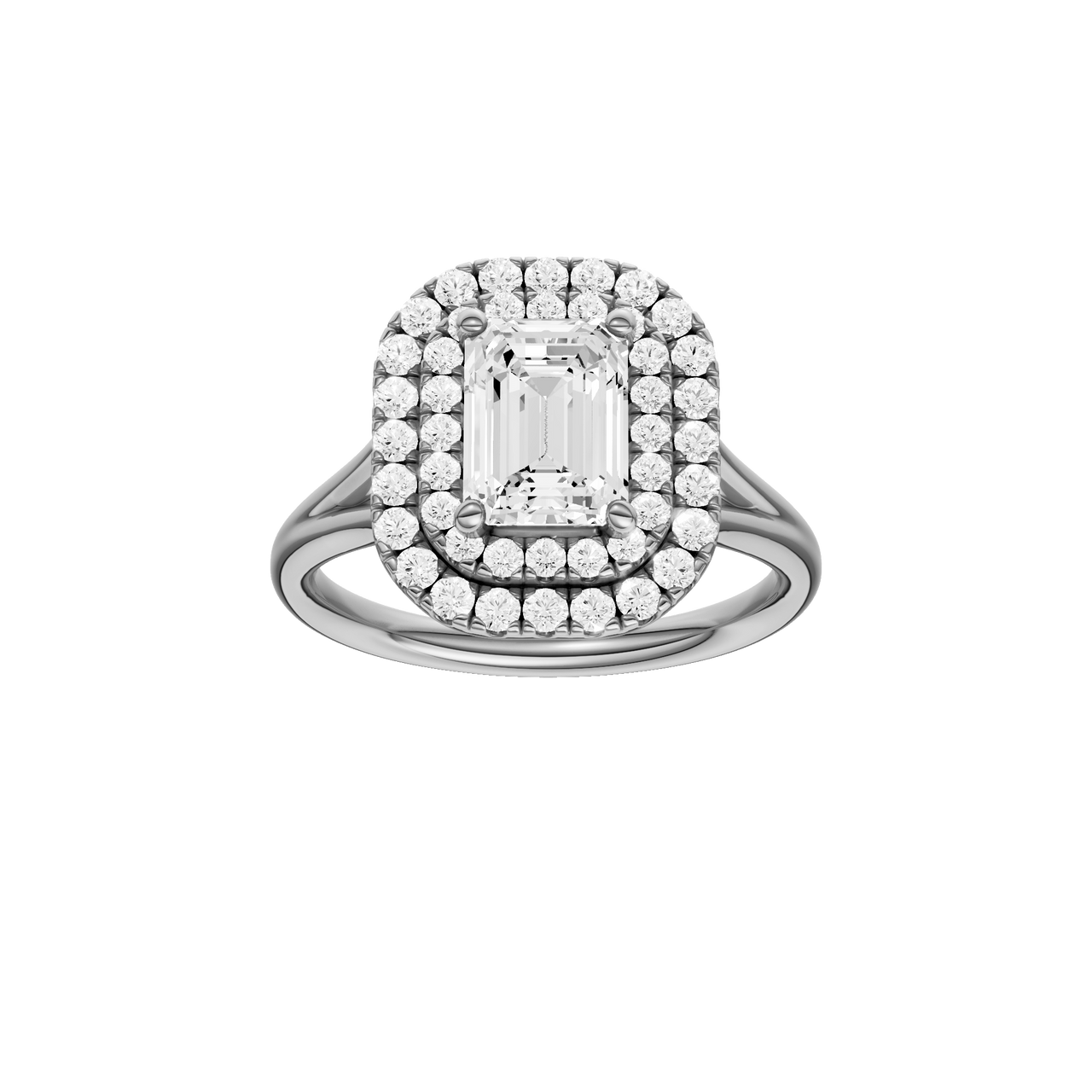 A front view of the Emerald cut diamond engagement ring in 14k white gold with a plain band and double halo setting