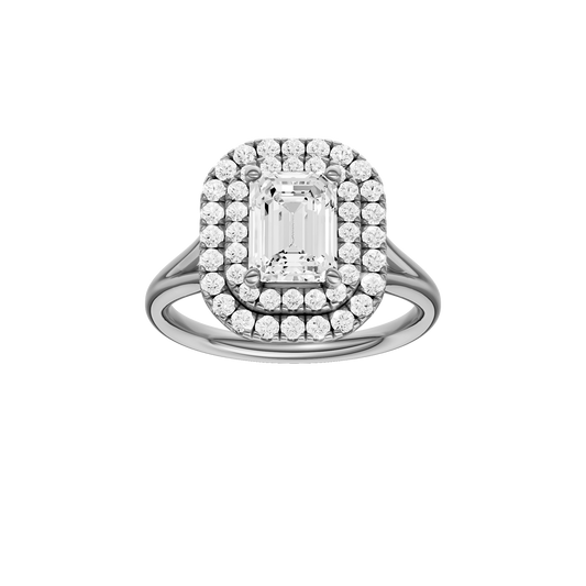 A front view of the Emerald cut diamond engagement ring in 14k white gold with a plain band and double halo setting