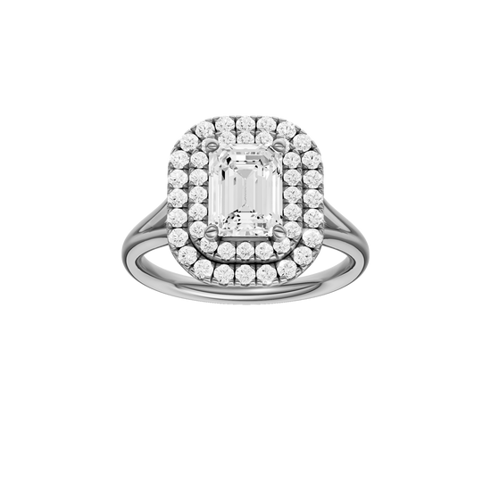A front view of the Emerald cut diamond engagement ring in platinum with a plain band and double halo setting