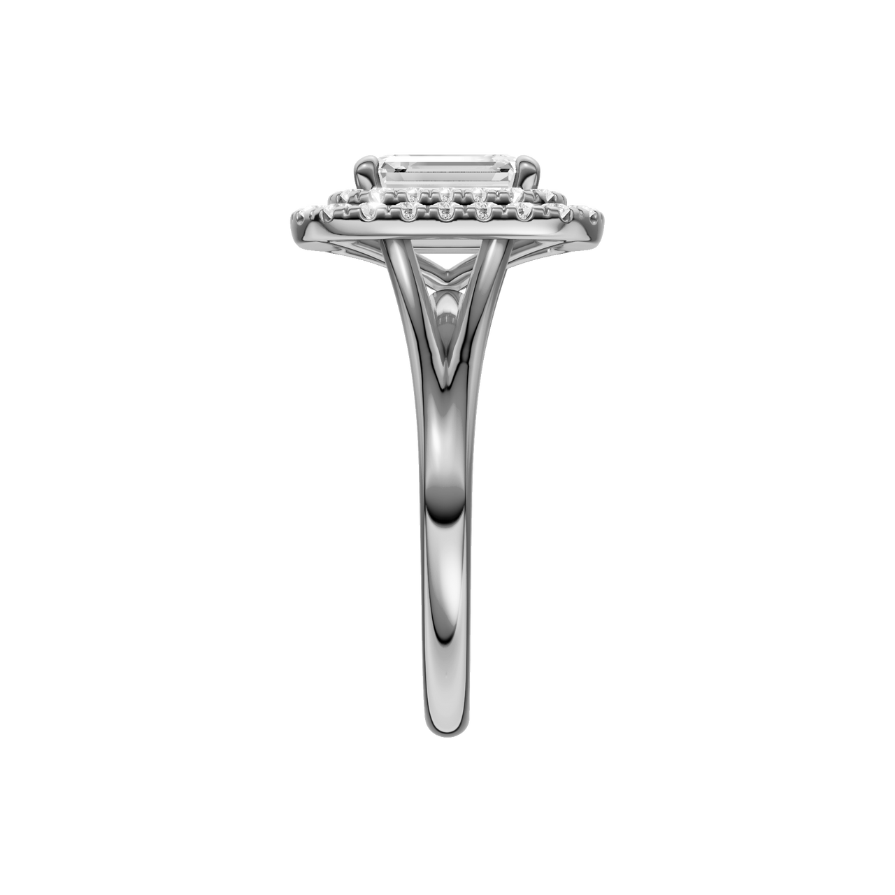 A side view of the Emerald cut diamond engagement ring in platinum  with a plain band and double halo setting