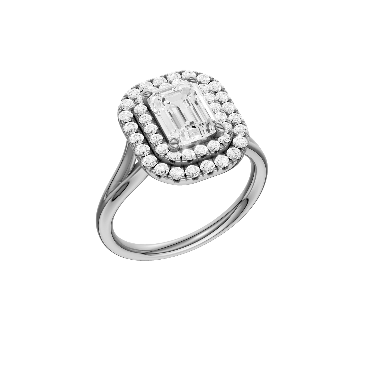 A three-quarter view of the Emerald cut diamond engagement ring in 14k white gold  with a plain band and double halo setting
