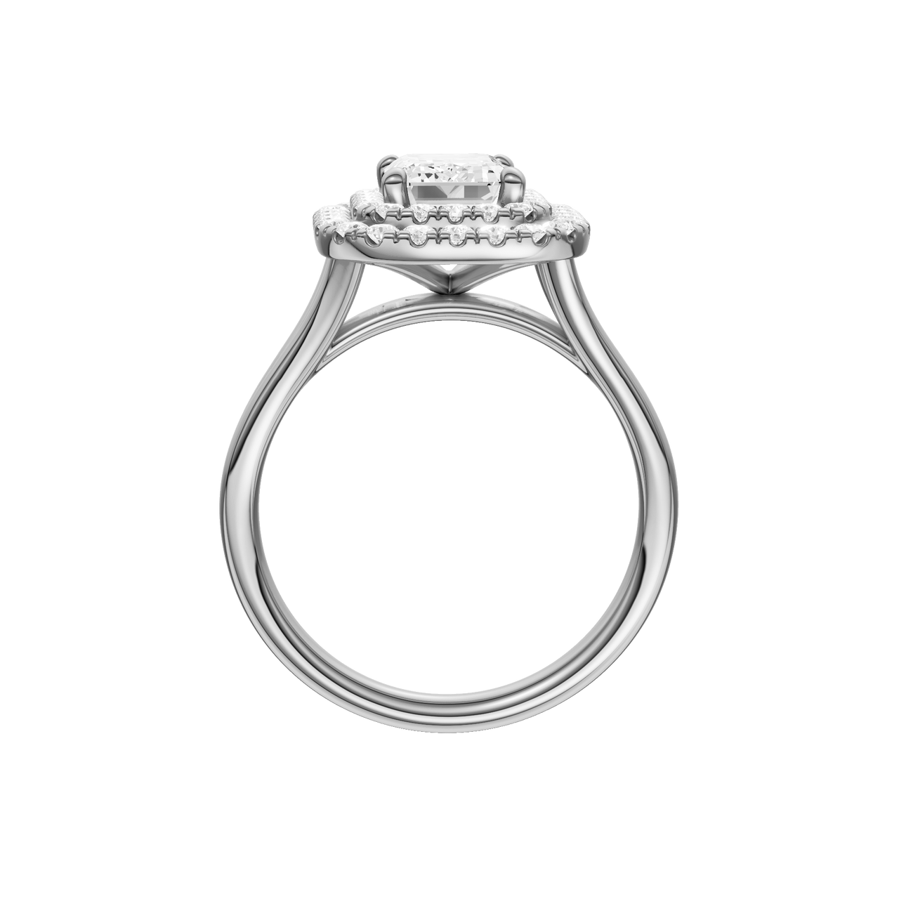 A profile view of the Emerald cut diamond engagement ring in platinum  with a plain band and double halo setting