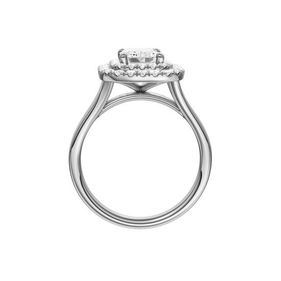 A profile view of the Emerald cut diamond engagement ring in 14k white gold  with a plain band and double halo setting