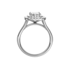 A profile view of the Emerald cut diamond engagement ring in 14k white gold  with a plain band and double halo setting