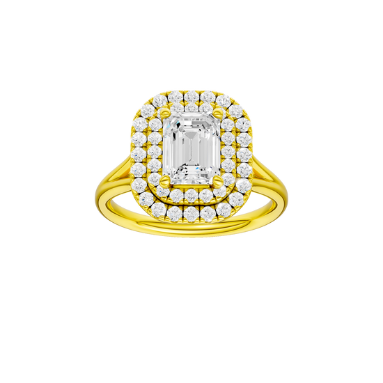 A front view of the Emerald cut diamond engagement ring in 14k yellow gold with a plain band and double halo setting