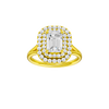 A front view of the Emerald cut diamond engagement ring in 14k yellow gold with a plain band and double halo setting