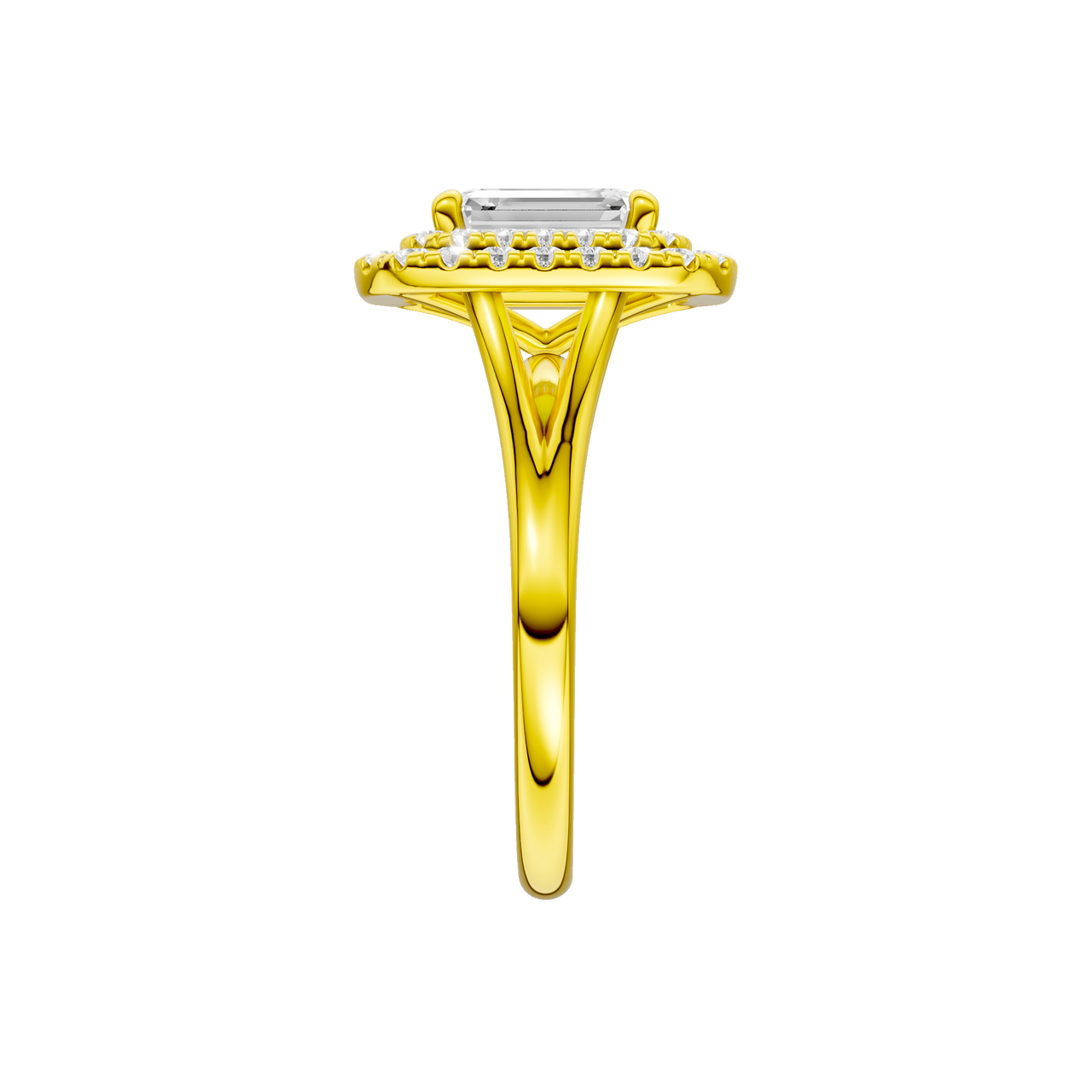 A side view of the Emerald cut diamond engagement ring in 14k yellow gold  with a plain band and double halo setting