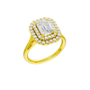 A three-quarter view of the Emerald cut diamond engagement ring in 14k yellow gold  with a plain band and double halo setting