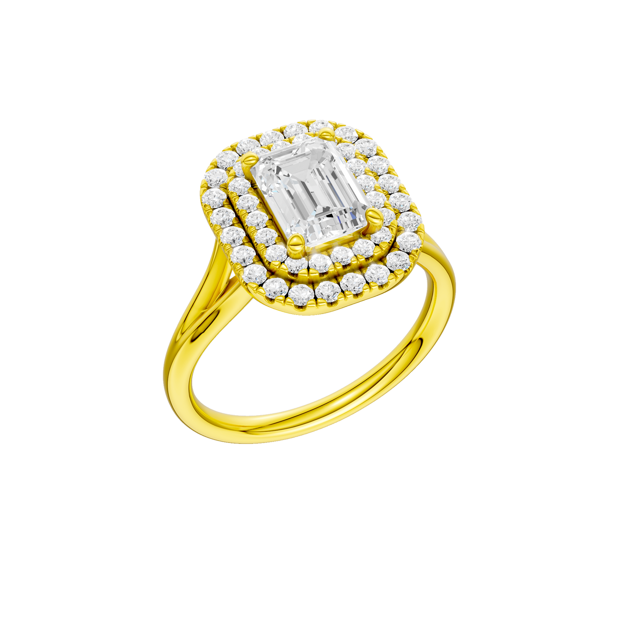 A three-quarter view of the Emerald cut diamond engagement ring in 14k yellow gold  with a plain band and double halo setting