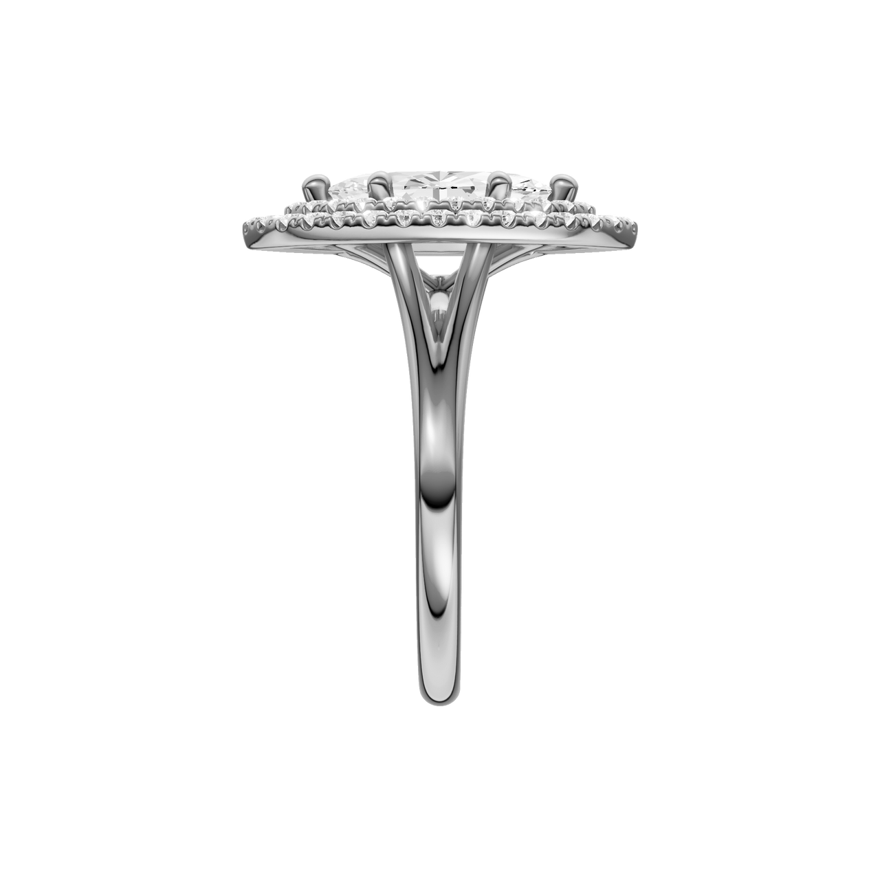 A side view of the Marquise cut diamond engagement ring in platinum with a plain band and double halo setting