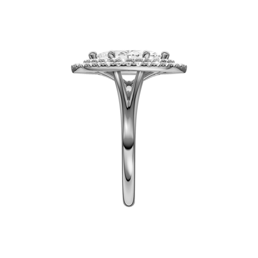 A side view of the Marquise cut diamond engagement ring in 14k white gold with a plain band and double halo setting